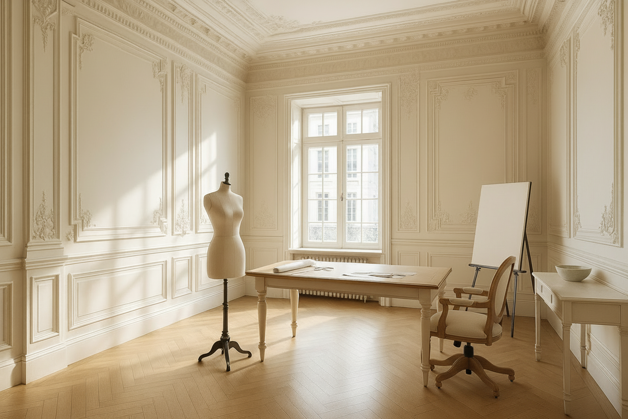 atelier very elegant with moulding and bright lighting 